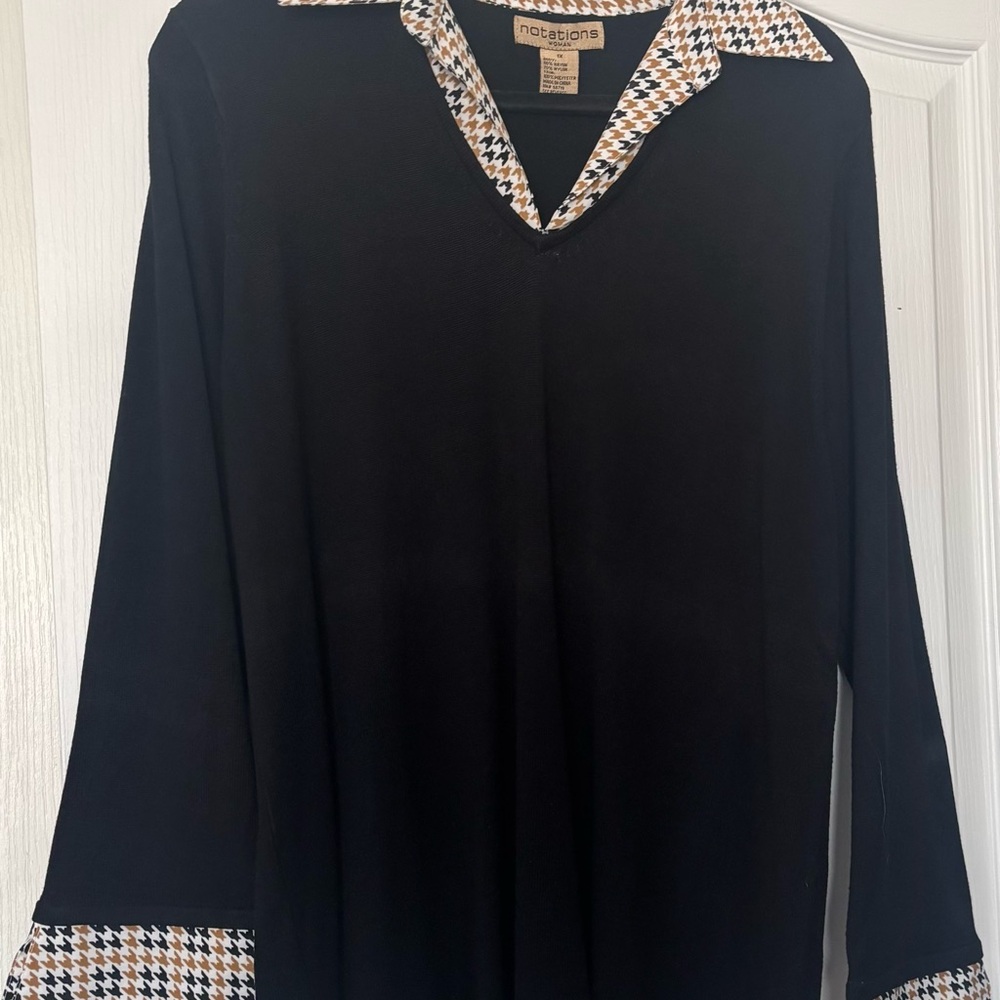 Black and Cream Relaxed Blouse with Notched Collar